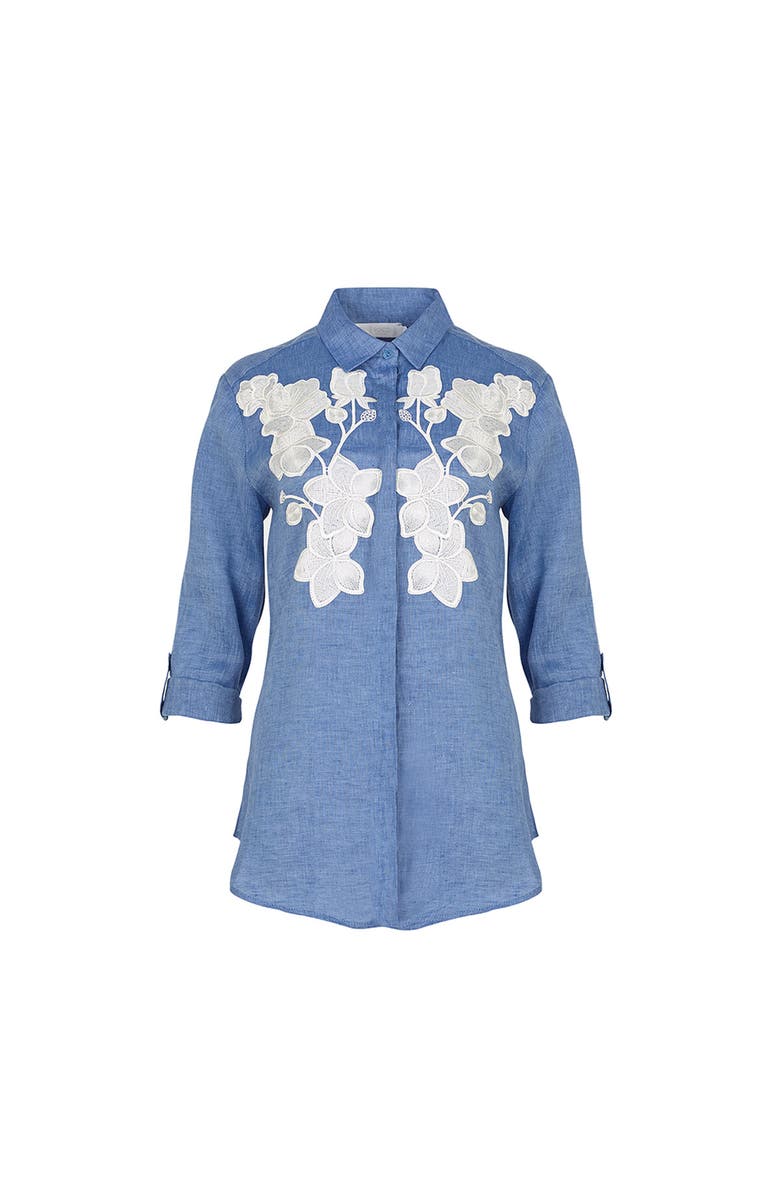 Anne Fontaine Women's Shirt  Citron Blue Linen Shirt With White Floral Applique, Main, color, Denim Blue