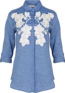 Anne Fontaine Women's Shirt  Citron Blue Linen Shirt With White Floral Applique