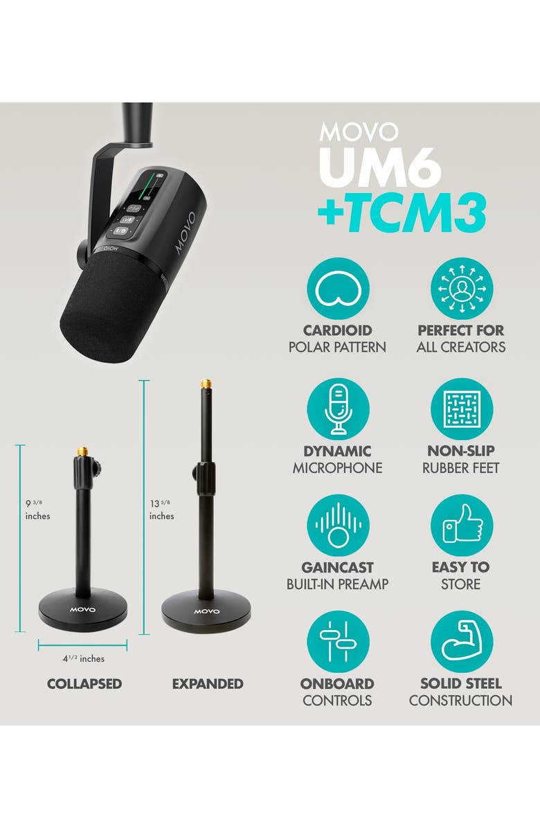 MOVO Podcast Equipment Bundle for iPhone & Android with Audio Interface, 2 Dynamic Mics, 2 Headphones, and Table Stands, Alternate, color, Black