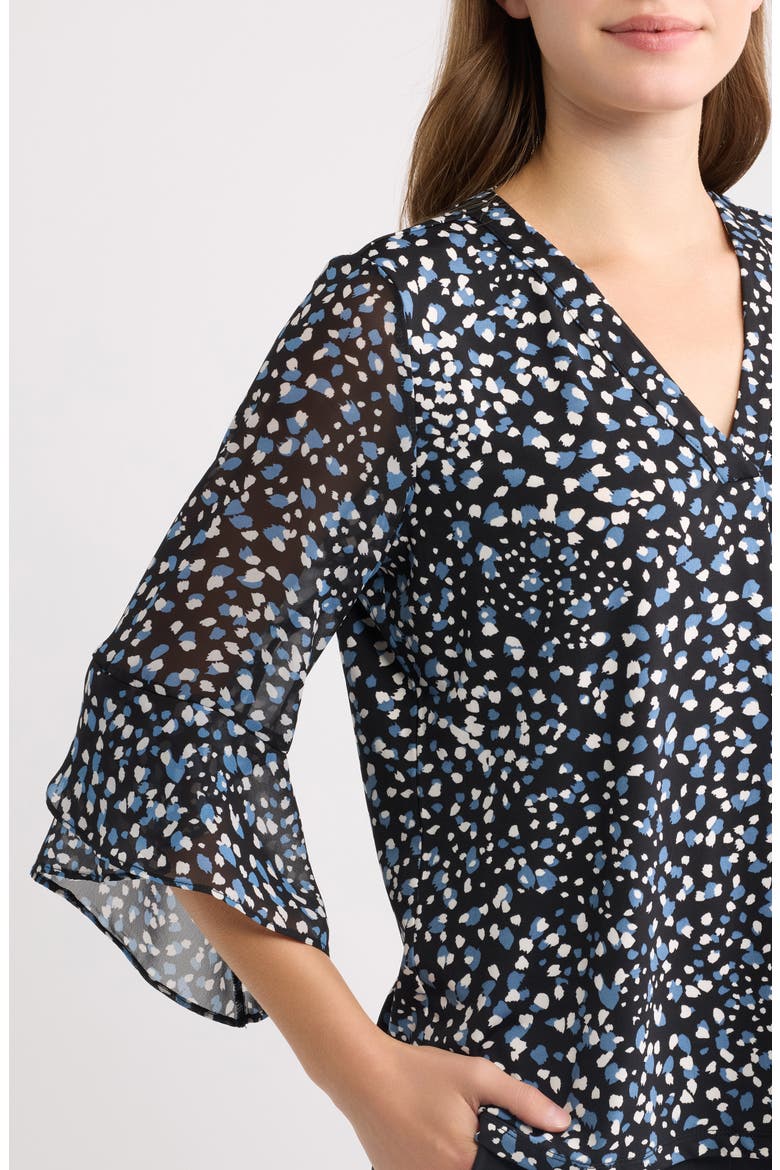 Print Mixed Media Split Neck Top, Alternate, color, ANNE BLACK/ DUTCH BLUE MULTI