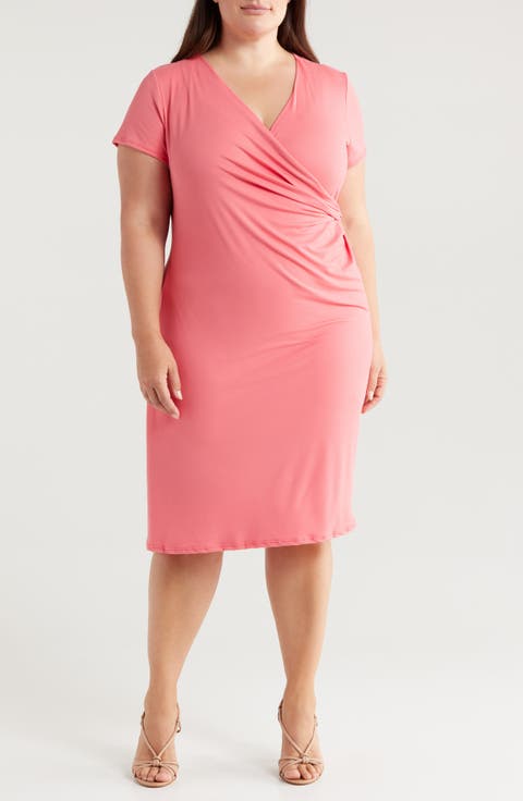 V-Neck Stretch Faux Wrap Dress (Plus)