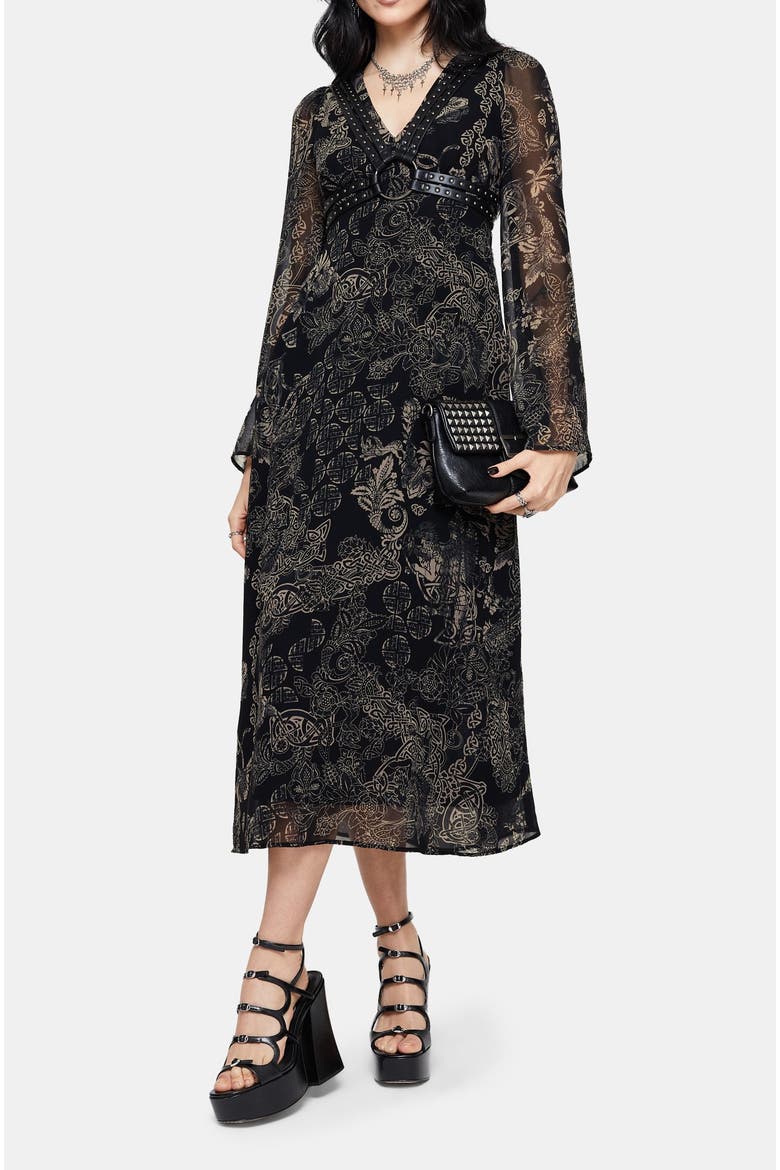 Surge Celtic Ruffle Neck Midi Dress, Alternate, color, Black