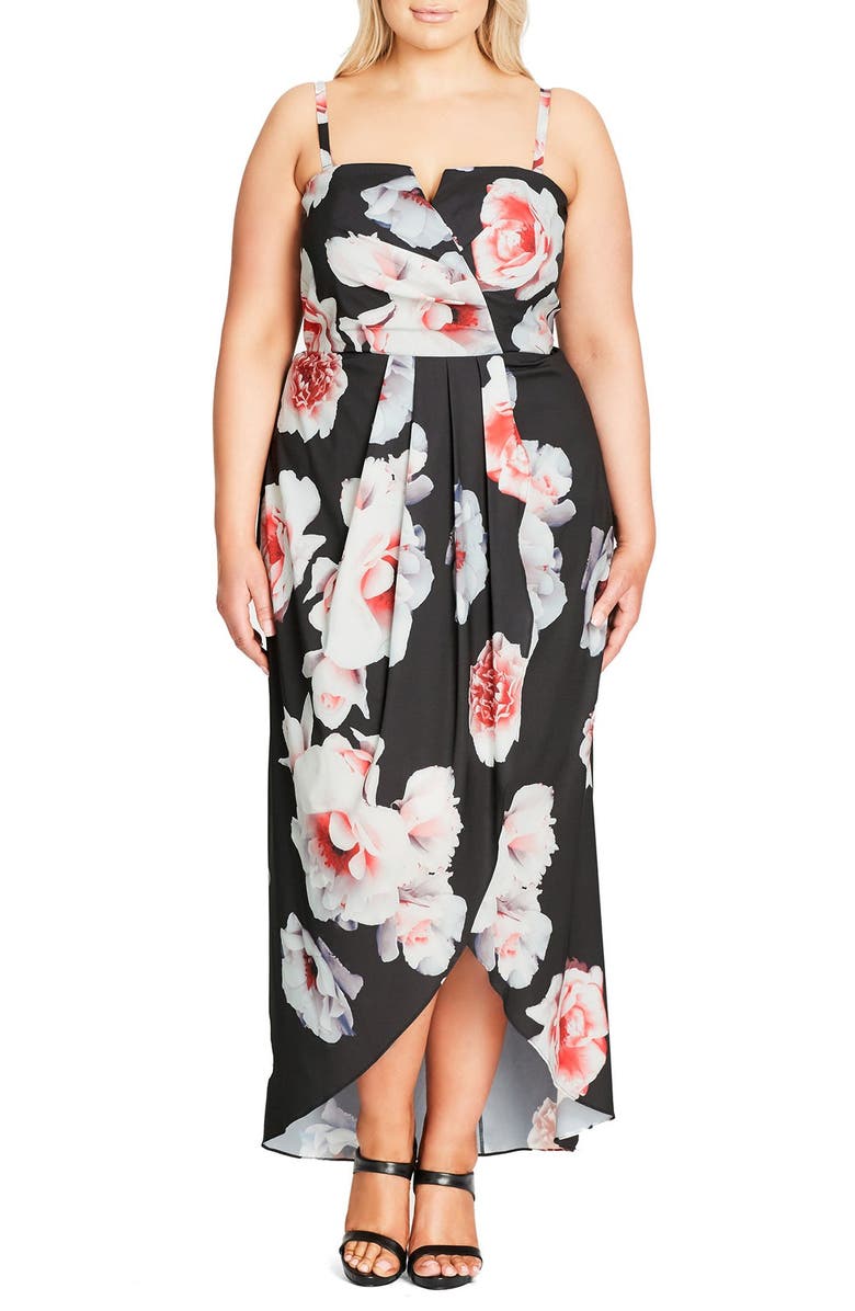 City Chic 'Open Rose' Print Tulip Hem Maxi Dress, Main, color, 