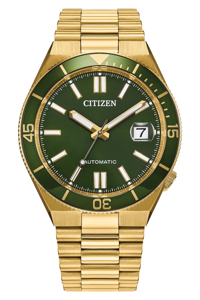 TSUYOSA Shore Goldtone Automatic Bracelet Watch, 40mm, Main, color, GREEN/ GOLD-TONE