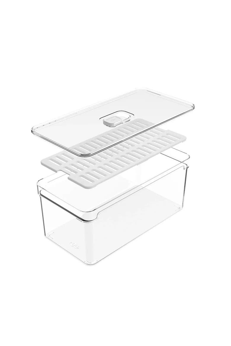 Clear Stackable Fridge Organizer Bin with Drain Tray and Vented Lid, 5.3 Quart Capacity, Alternate, color, Clear with White Drainer