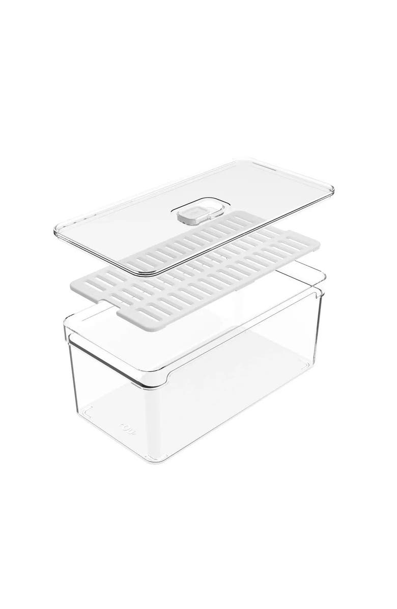 OU Clear Stackable Fridge Organizer Bin with Drain Tray and Vented Lid, 5.3 Quart Capacity, Alternate, color,