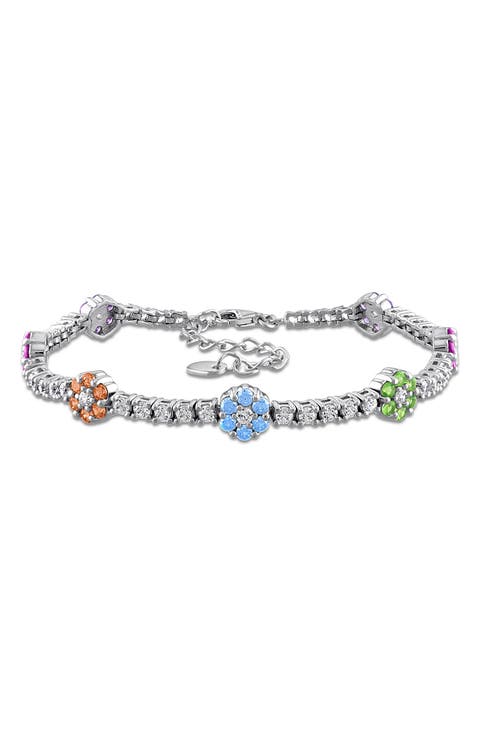 Sterling Silver Multicolor Cubic Zirconia Flower Bracelet