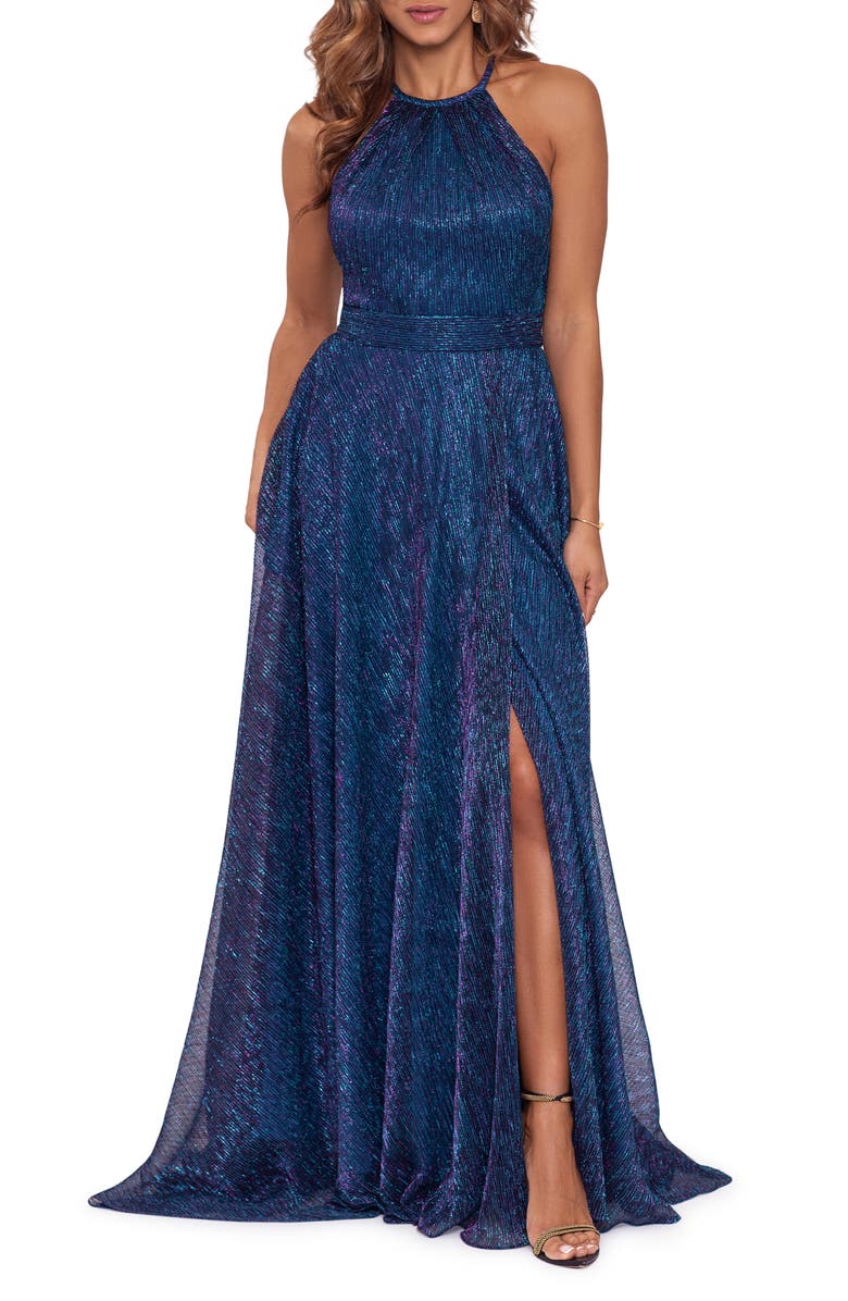 Betsy & Adam Metallic Crinkle Halter Gown, Main, color, 