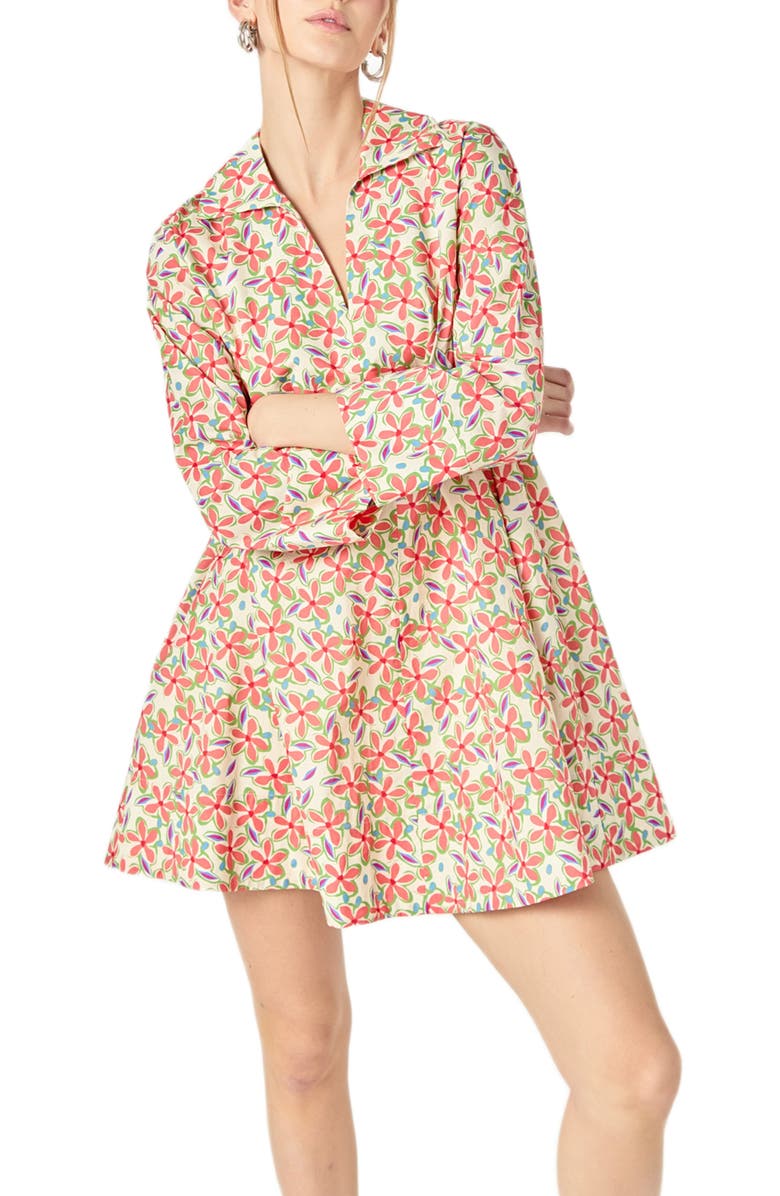 English Factory Floral Johnny Collar Cotton Trapeze Dress, Alternate, color, Cream Multi