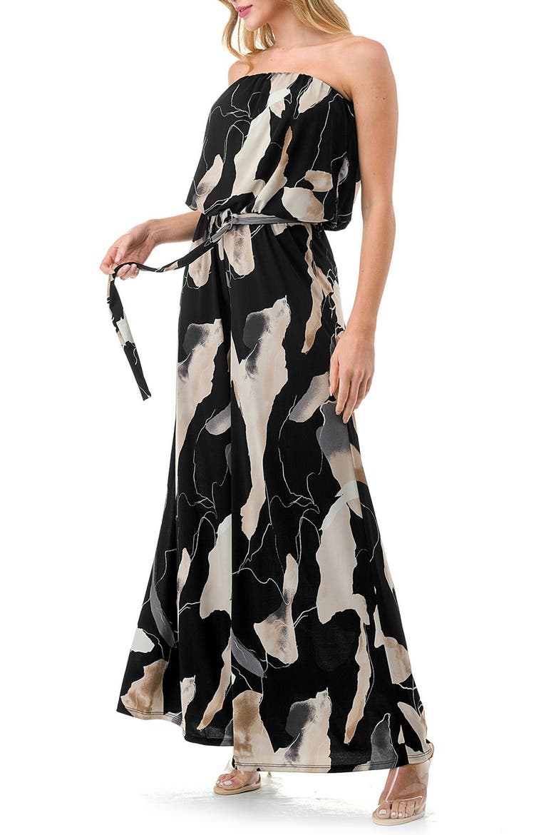 Chevron Print Strapless Wide Leg Jumpsuit, Alternate, color, BLACK/CREAM
