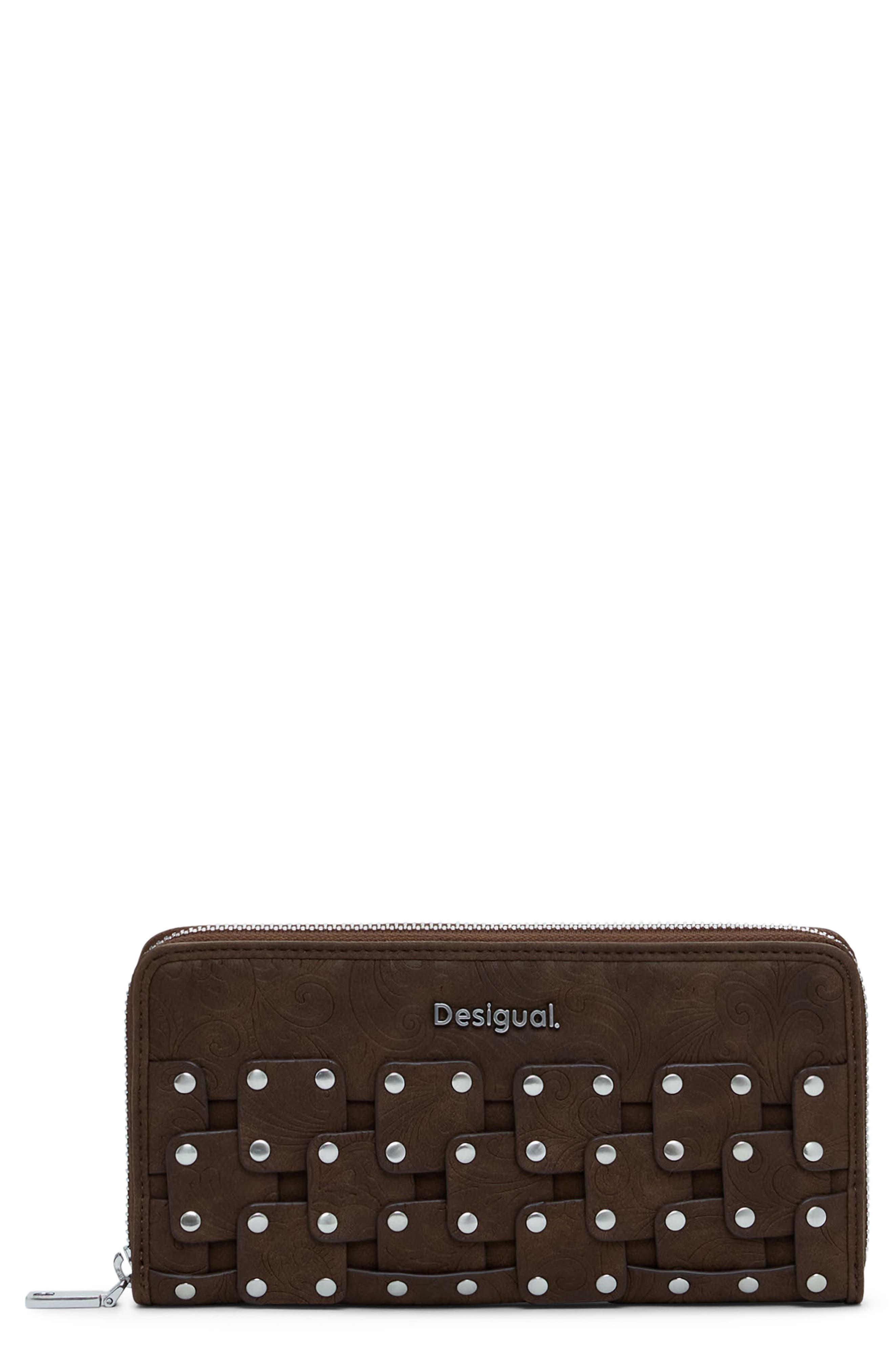 Long Studded Wallet, Main, color, DARK BROWN