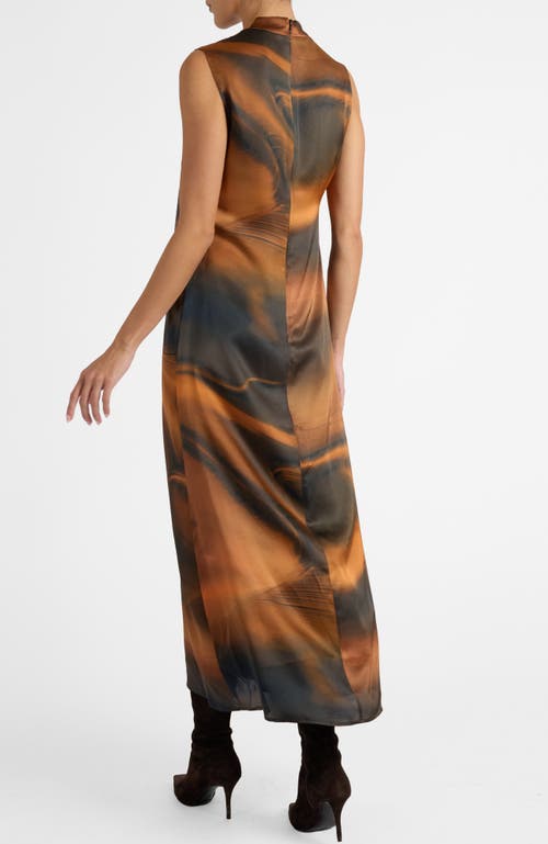 Santorelli Nicole Sleeveless Midi Shift Dress In Printed Silk Charmeuse In Brown