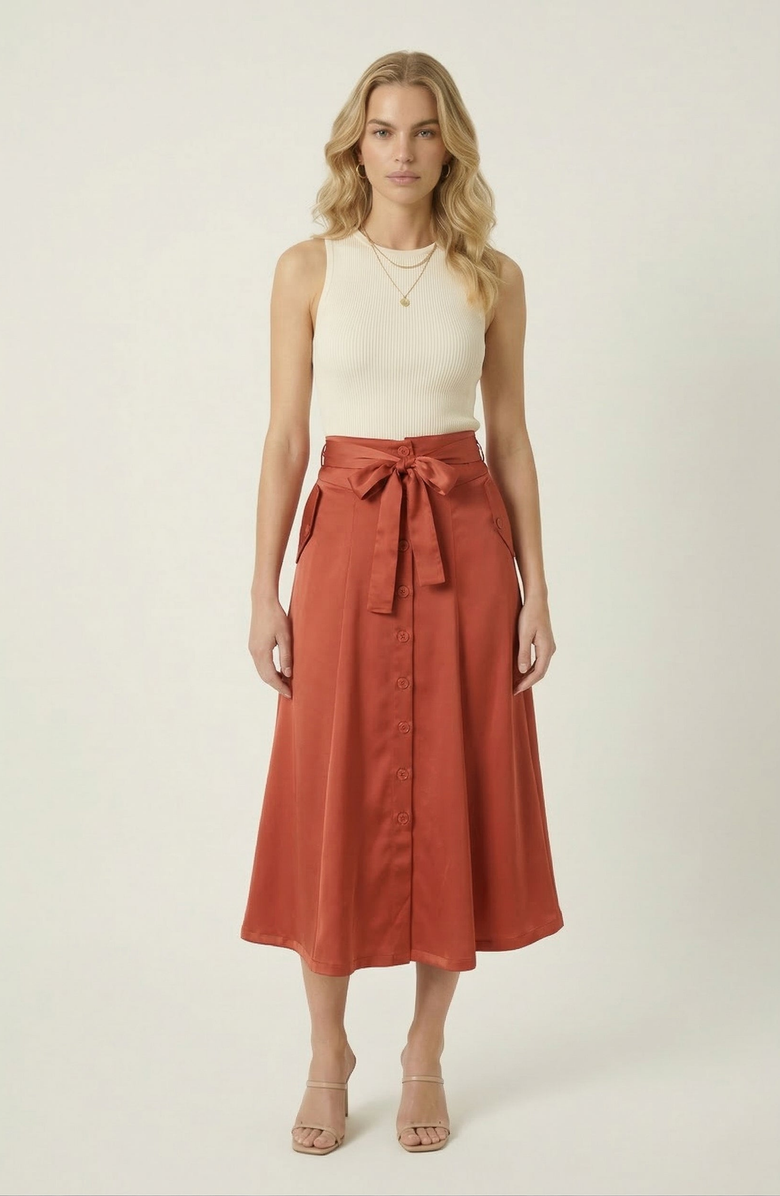 Modenaire Midi Skirt with Button Front Detail, Alternate, color, Rust