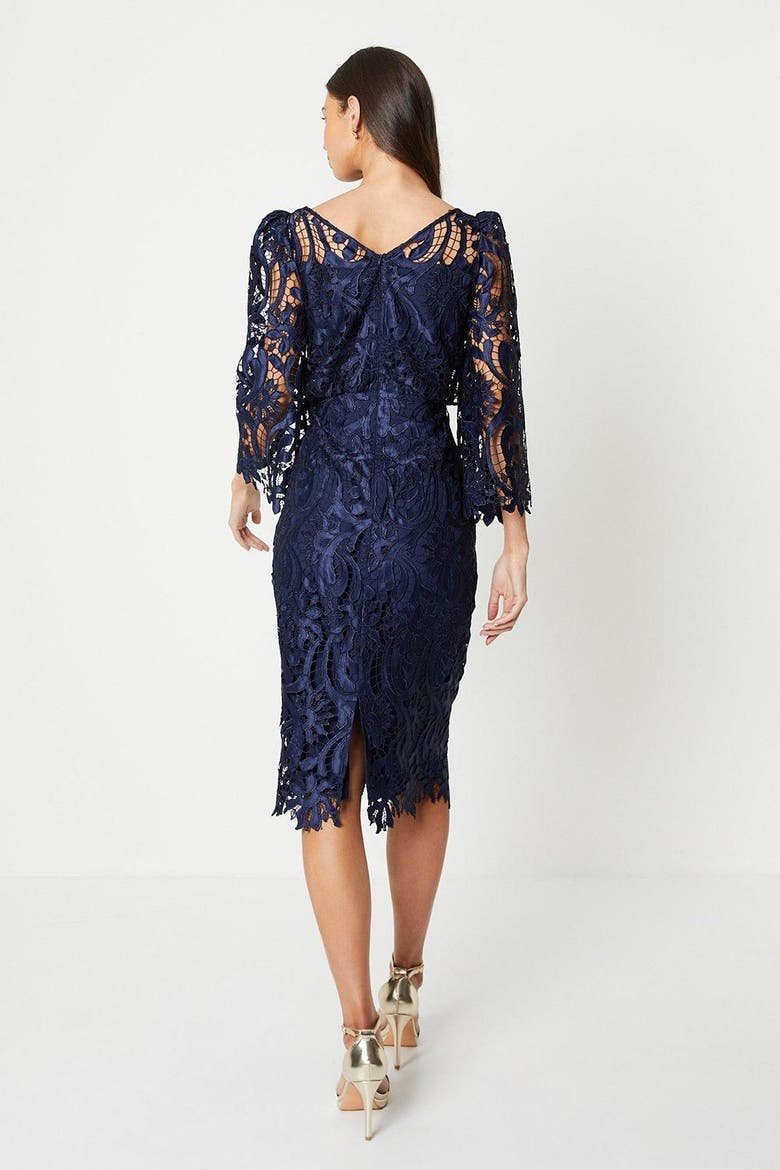 Satin Lace Boat Neck Midi Dress, Alternate, color, Navy