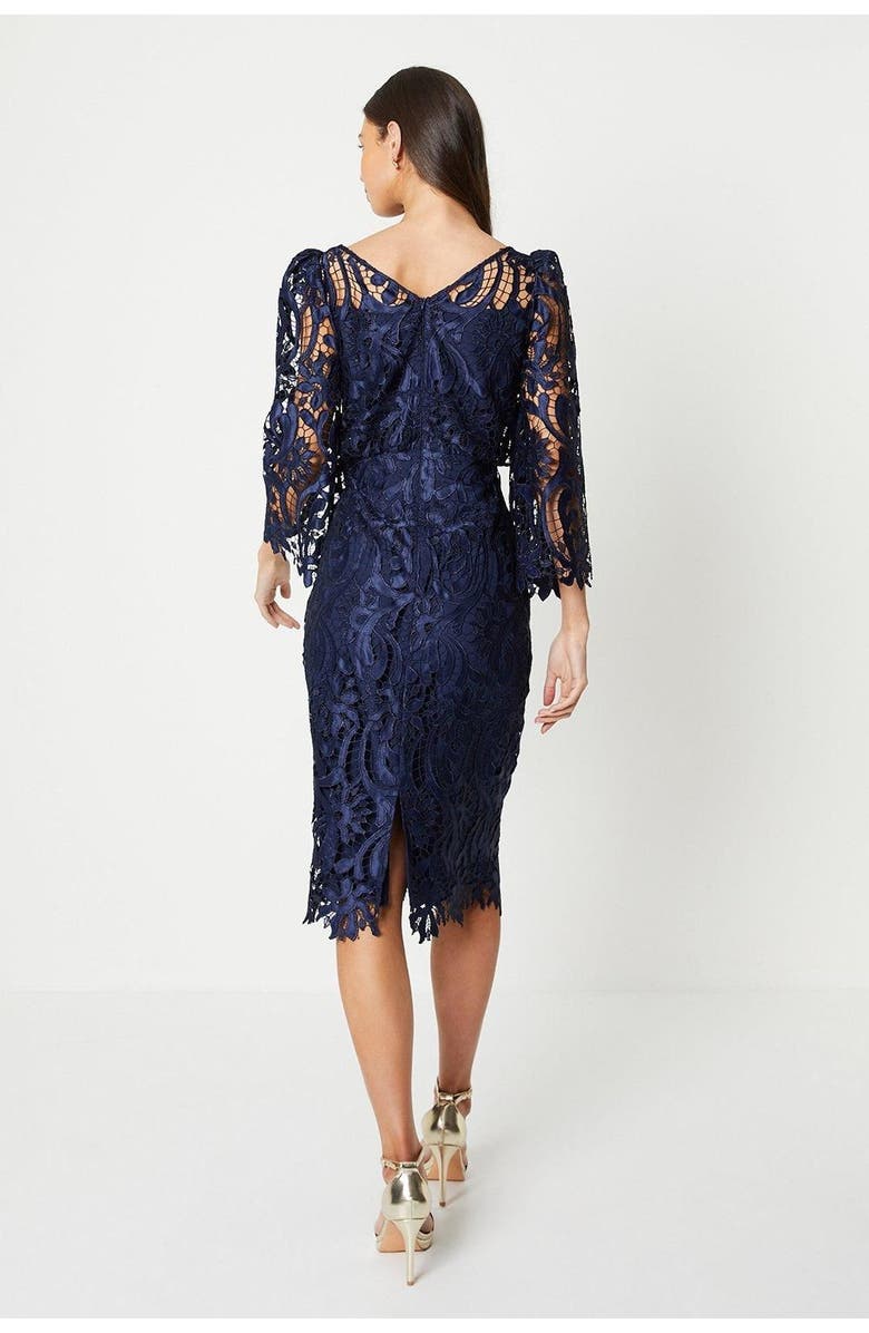 Coast Satin Lace Boat Neck Fluted Dress, Alternate, color, Navy