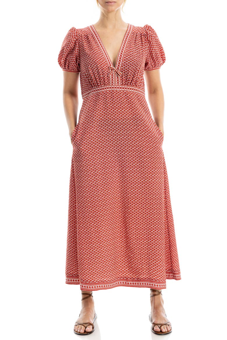V-Neck Bubble Sleeve Maxi Dress, Alternate, color, CREAM/ POPPY CLOVERS