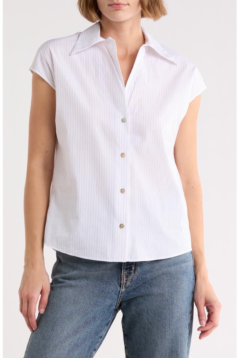 Stripe Cap Sleeve Button-Up Shirt, Main, color, OPTIC WHITE/ BRULEE