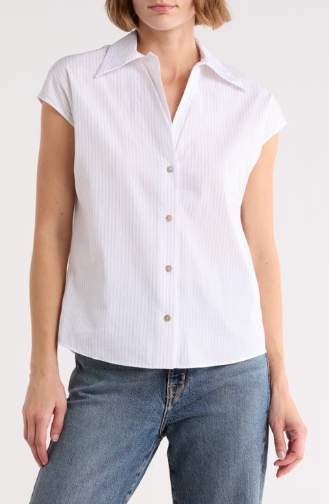 Stripe Cap Sleeve Button-Up Shirt