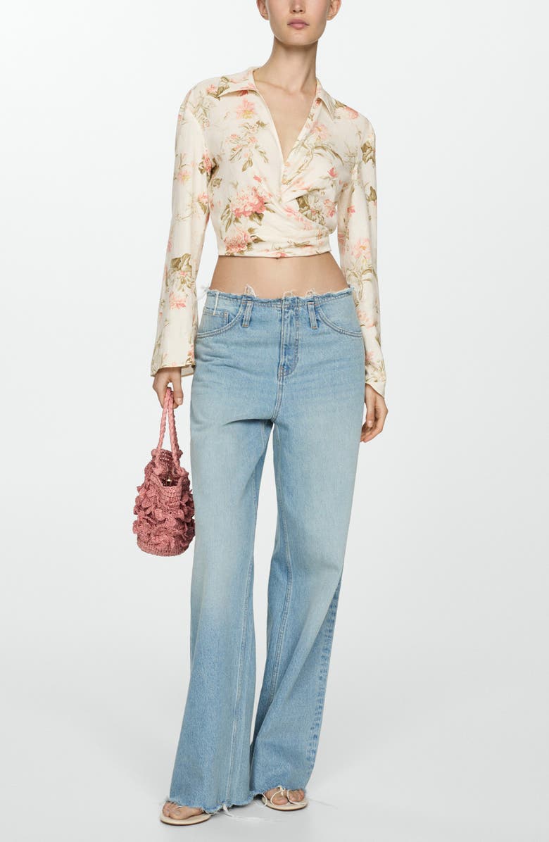 MANGO Floral Long Sleeve Linen Blend Wrap Top, Alternate, color, Vanilla