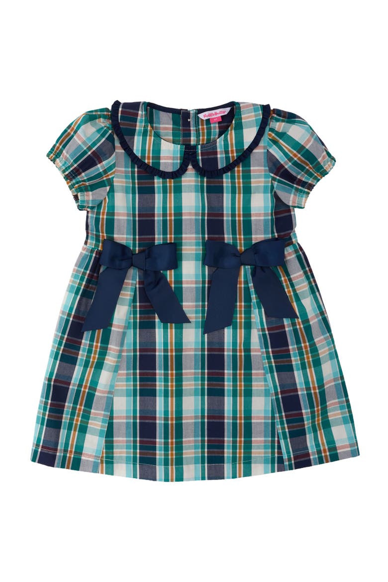 Woven Peter Pan Ruffle Bow Short Sleeve Dress, Main, color, Forrest Plaid