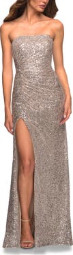 La Femme Strapless Ruched Sequin Gown in Gorgeous Colors
