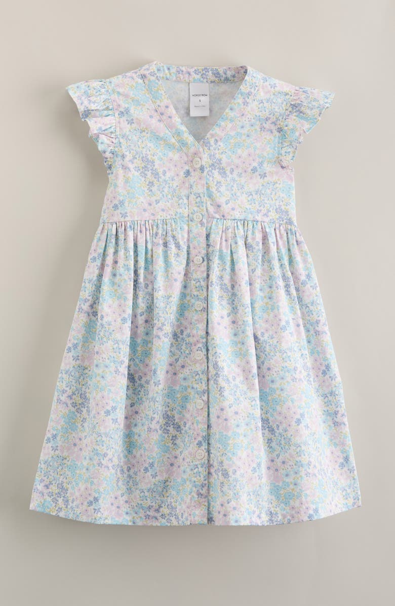 Nordstrom Kids' Flutter Sleeve Cotton Dress, Main, color, White- Blue Blooming Meadow