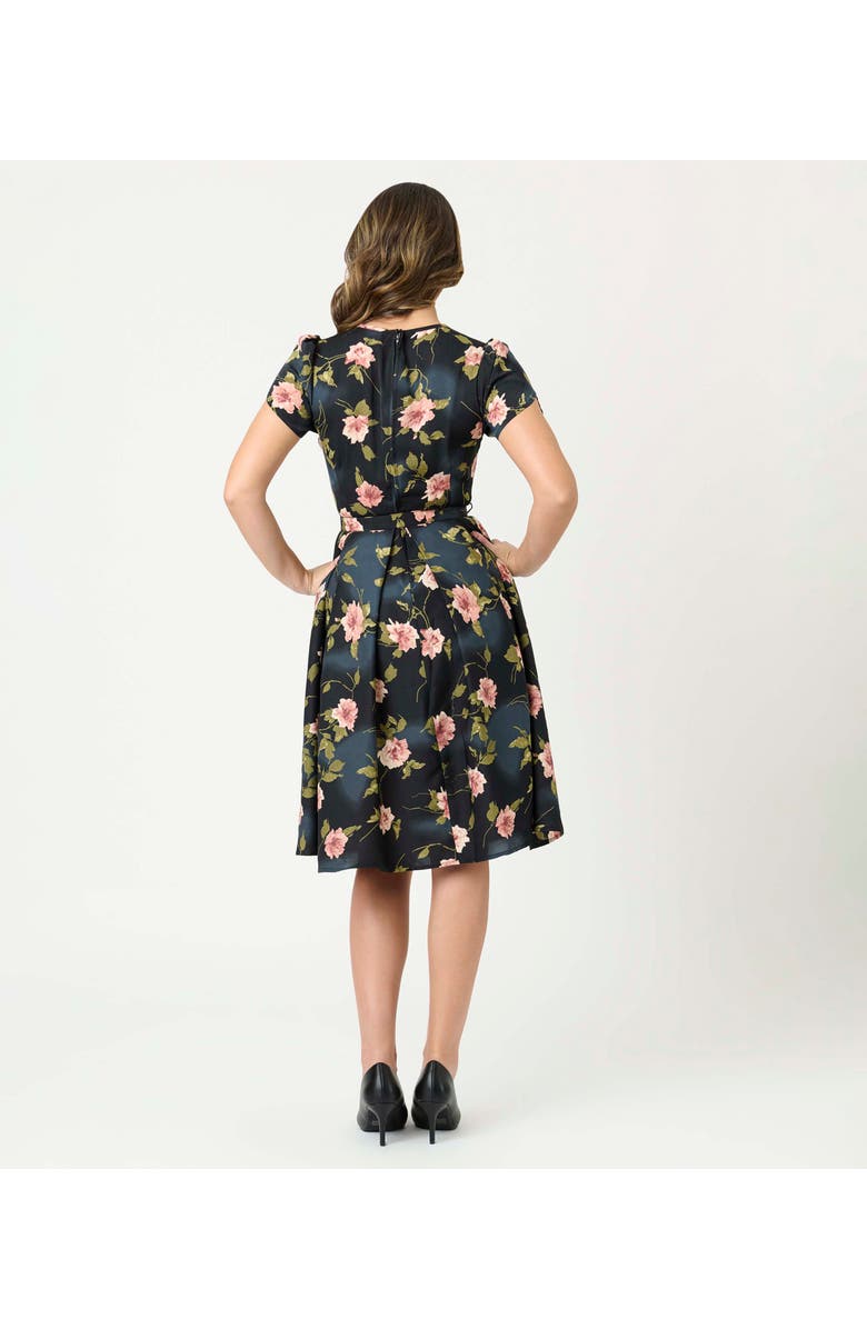 Unique Vintage Short Petal Sleeve Tie Neck Dahlia Swing Dress, Alternate, color, Black