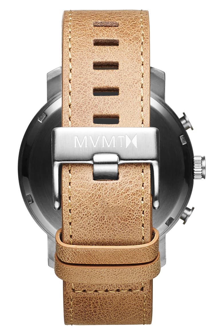 MVMT Chronograph Leather Strap Watch, 45mm, Alternate, color, TAN/ WHITE/ SILVER