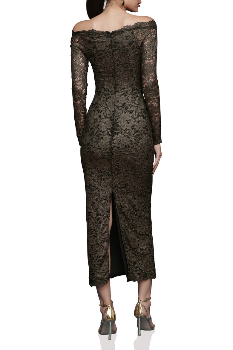 Lace Off the Shoulder Long Sleeve Midi Dress, Alternate, color, BLACK AND GOLD