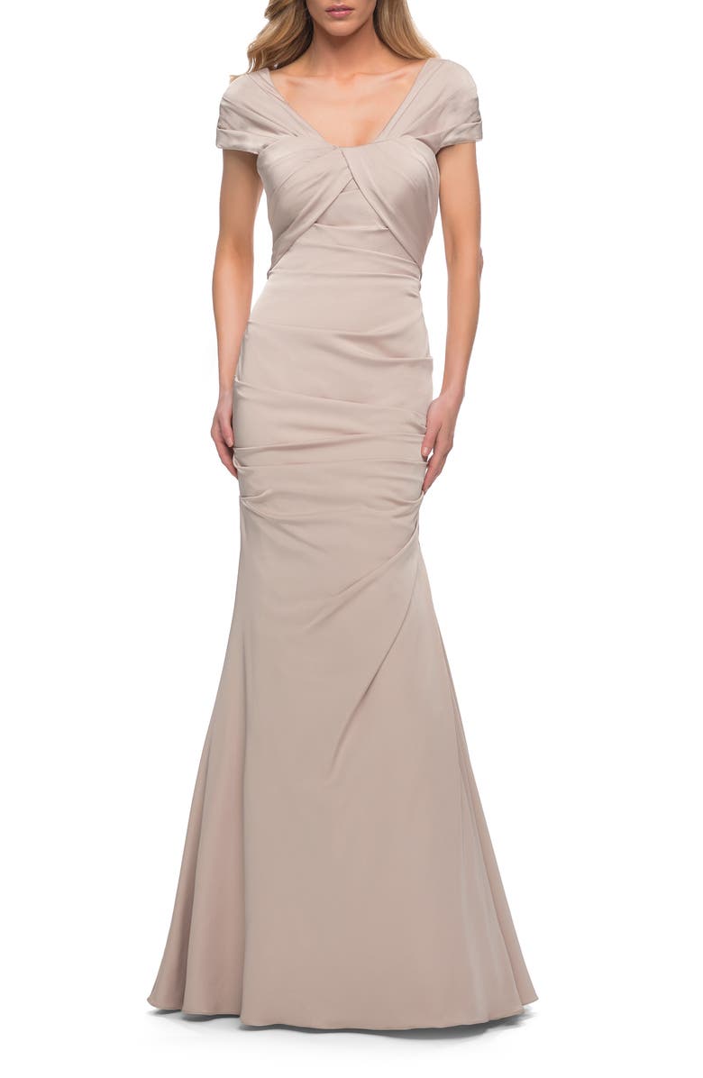 La Femme Lovely Ruched Mermaid Satin Gown with Unique Neckline, Main, color, Nude