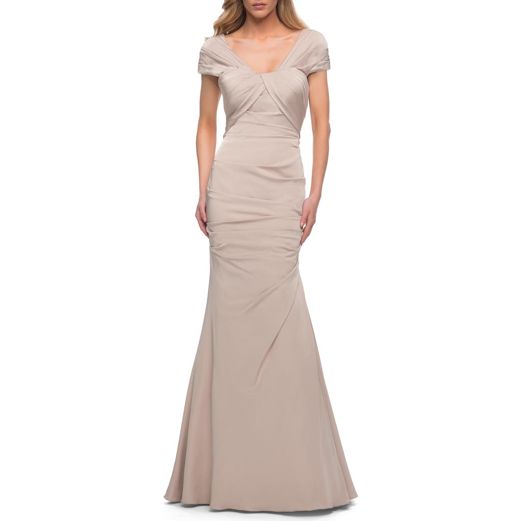 La Femme Lovely Ruched Mermaid Satin Gown With Unique Neckline