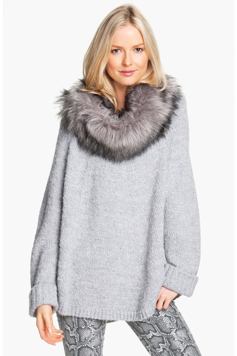 Faux Fur Trim Poncho Sweater, Main, color, PEARL