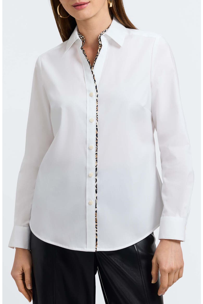 Marlee Leopard Trim Cotton Blend Button-Up Shirt, Main, color, WHITE
