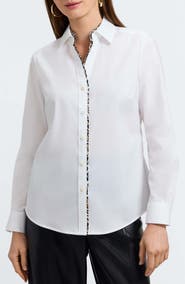 Foxcroft Marlee Leopard Trim Cotton Blend Button-Up Shirt