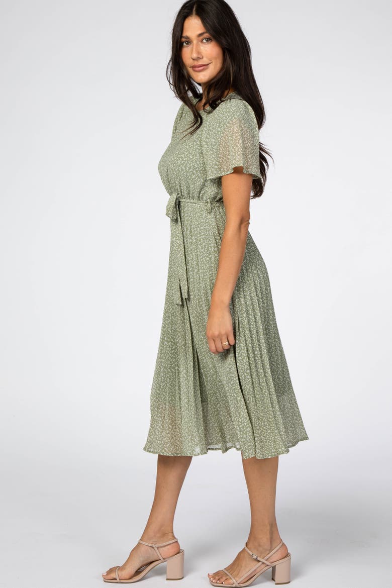 Leaf Print Pleated Midi Dress, Alternate, color, Light Olive