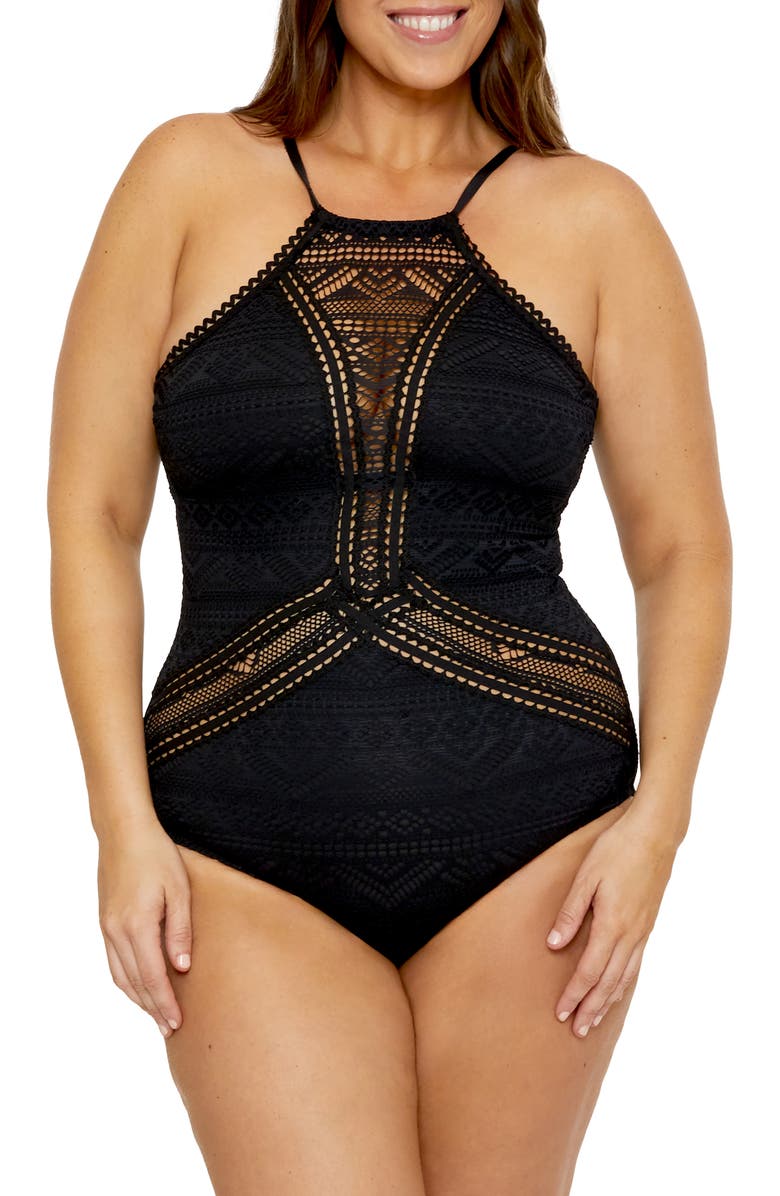 Becca Etc. Colorplay Lace Overlay One-Piece Swimsuit, Main, color, Black