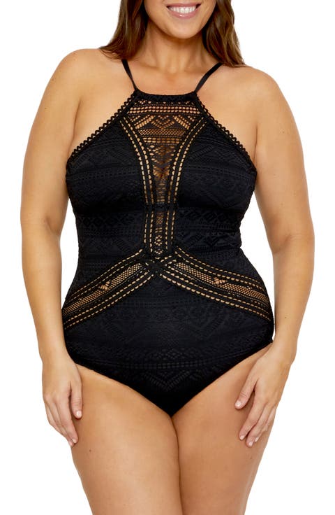 Colorplay Lace Overlay One-Piece Swimsuit (Plus)