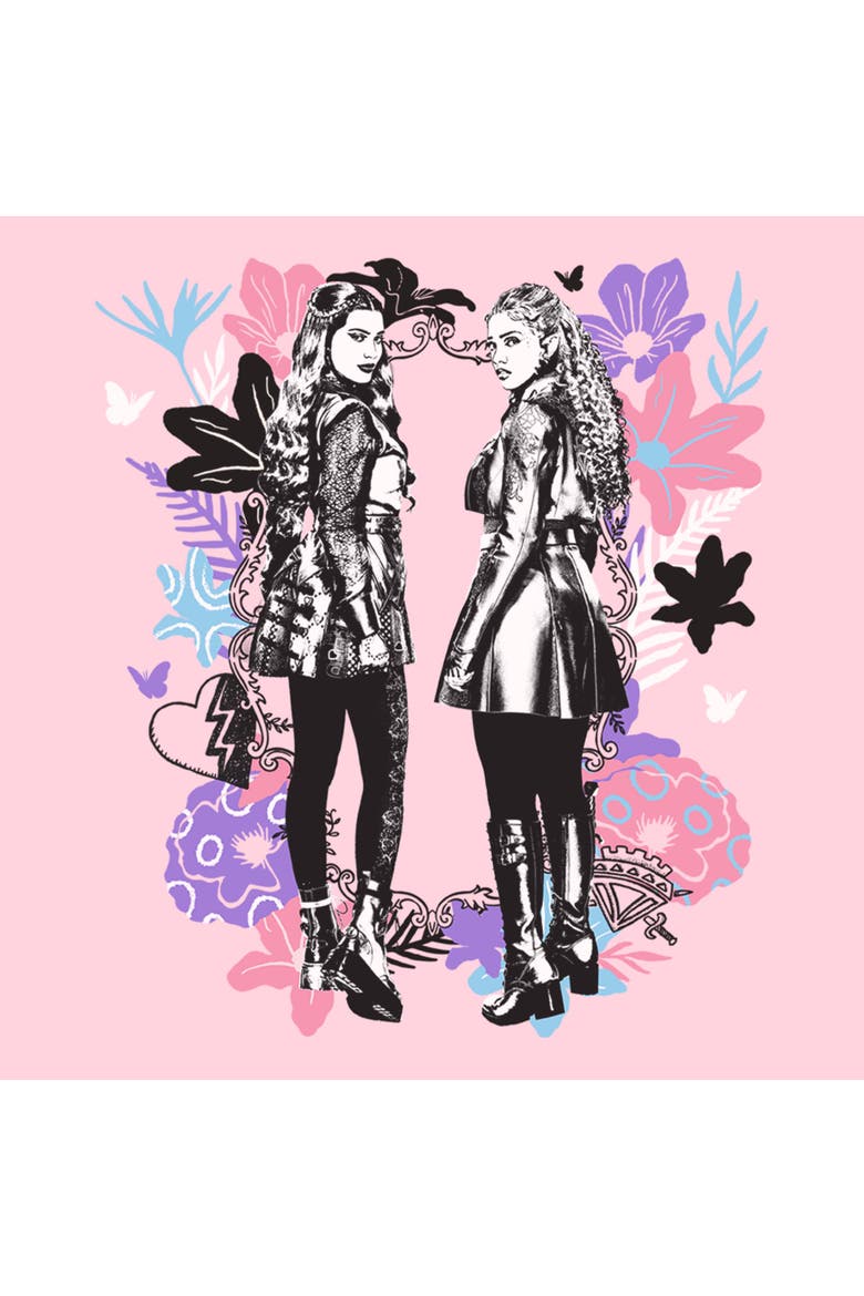 Junior's Descendants Wicked Wonderland Chloe and Red Sketch  Graphic T-Shirt, Alternate, color, Light Pink