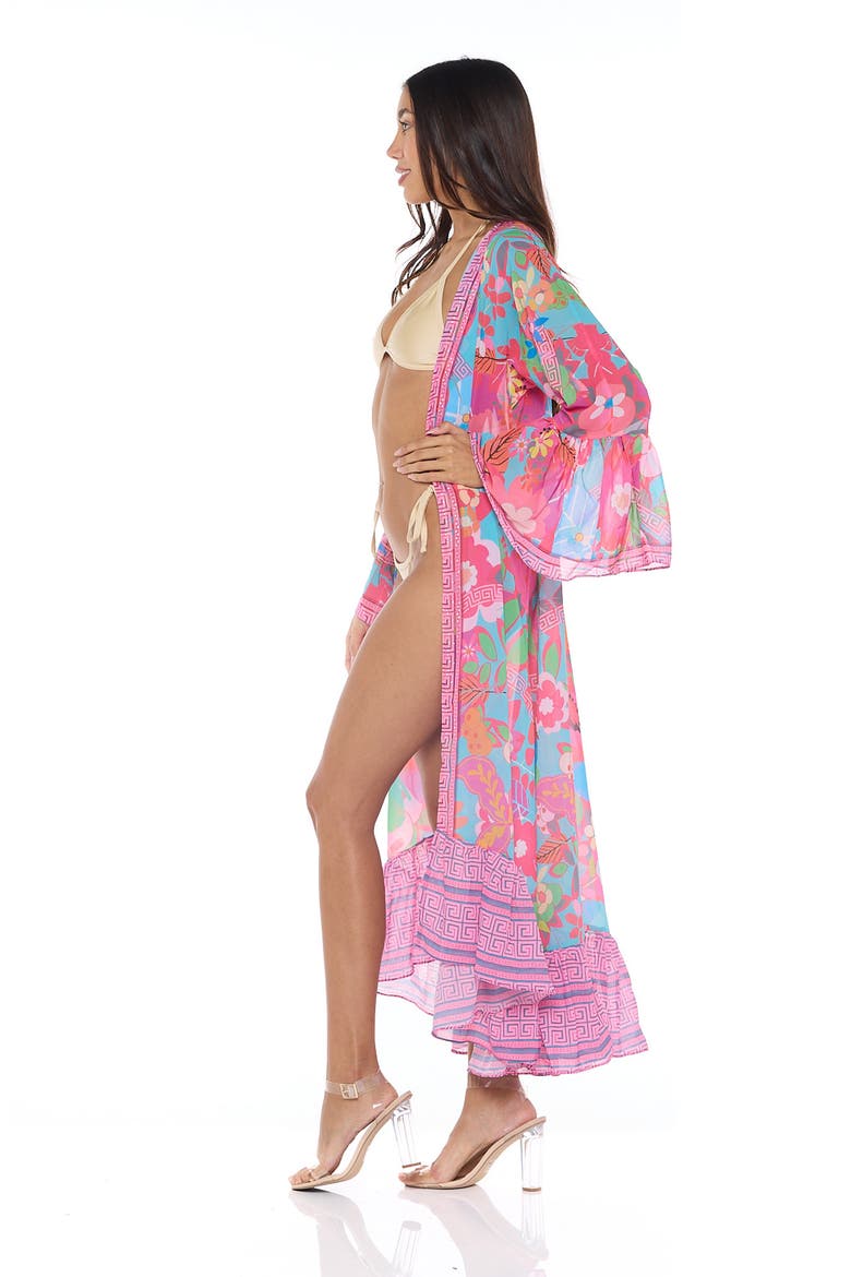 Floral Print Ruffle Woven Duster, Alternate, color, PINK