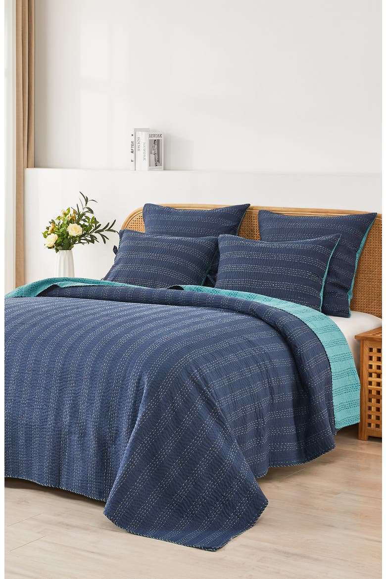 Kantha Set of 2 Reversible Cotton Shams, Alternate, color, NAVY AND TEAL