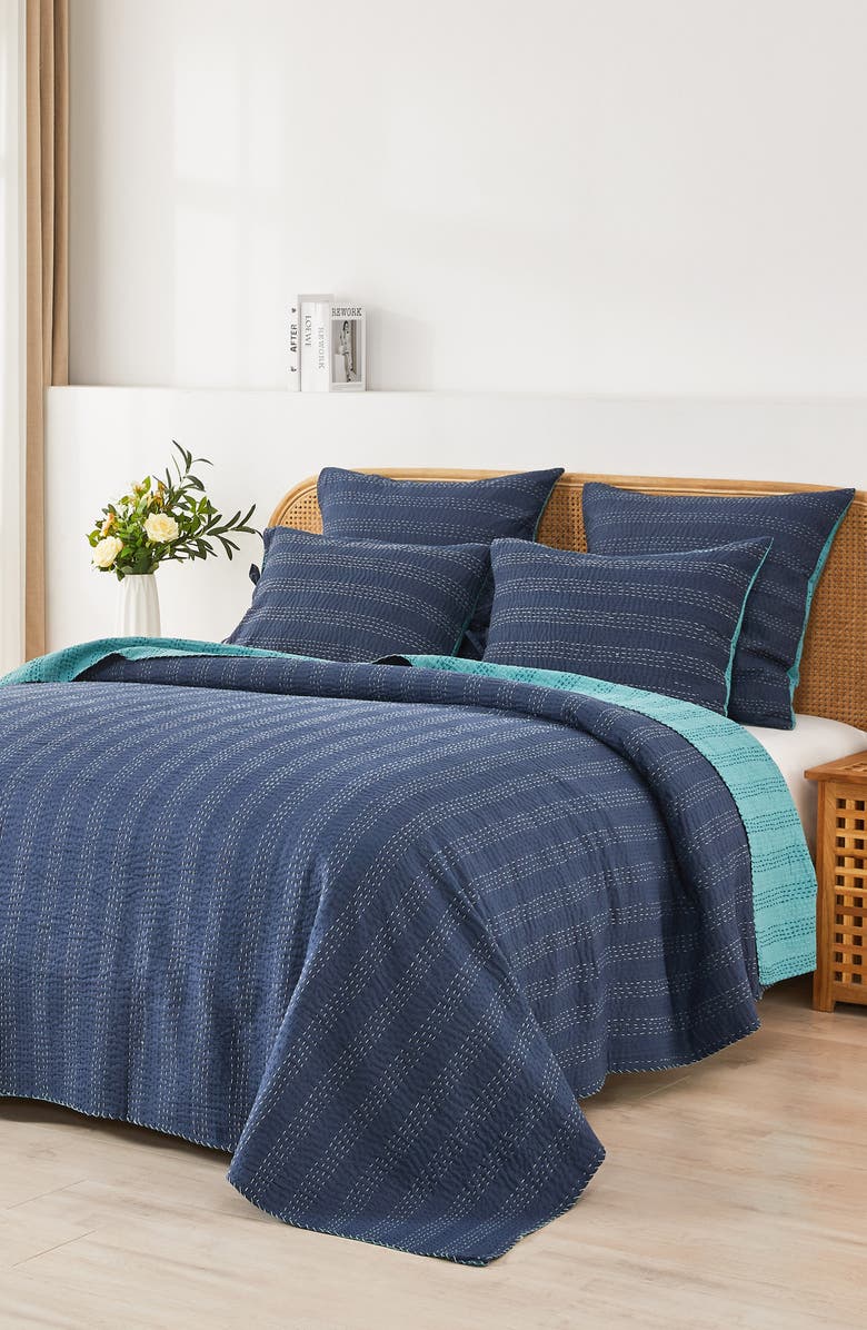 MELANGE HOME Kantha Set of 2 Reversible Cotton Shams, Alternate, color, Navy And Teal