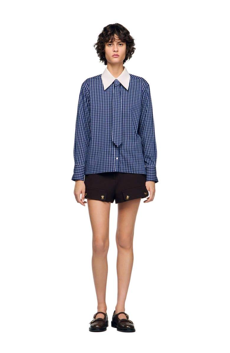 SANDRO Checkered shirt with removable tie, Alternate, color, Blue / Black