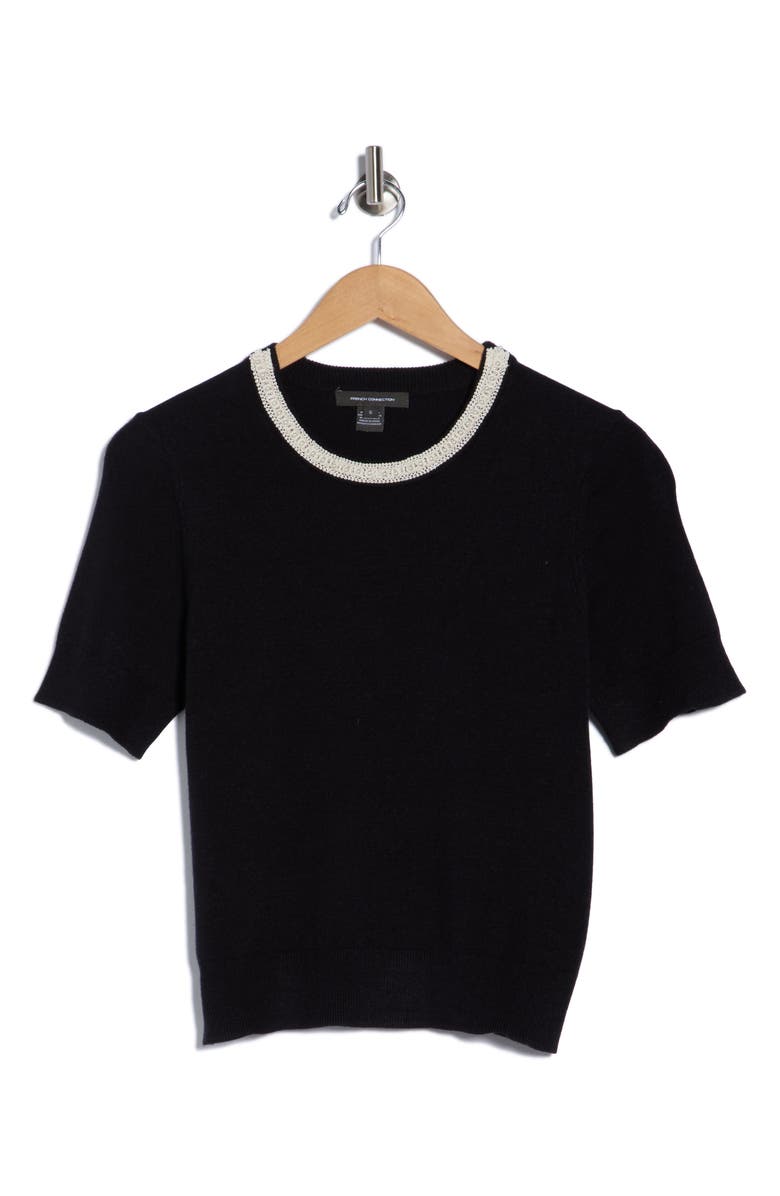 French Connection Faux Pearl Trim Short Sleeve Sweater, Alternate, color, Black/ Cream