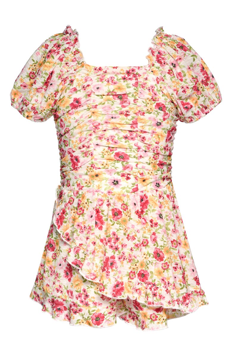Hannah Banana Kids' Floral Ruched Romper, Main, color, Ivory Multi