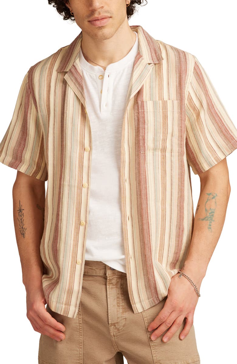 Lucky Brand Textured Stripe Linen & Cotton Camp Shirt, Main, color, Cream Multi