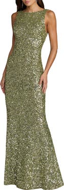 Mac Duggal High Neck Sequin Column Gown with Open Back