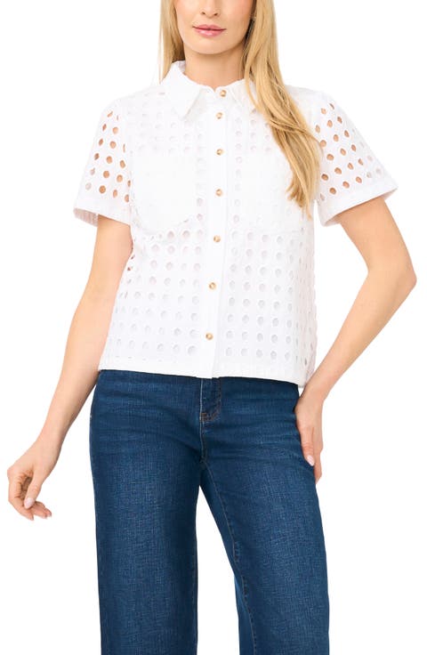 Cotton Eyelet Button-Up Shirt