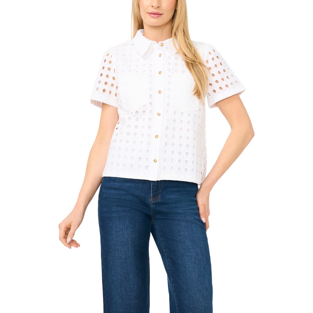 Cece Cotton Eyelet Button-up Shirt In Ultra White