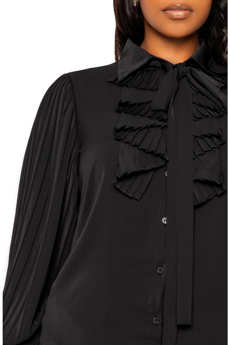 Tie Neck Pleated Sleeve Top, Alternate, color, BLACK