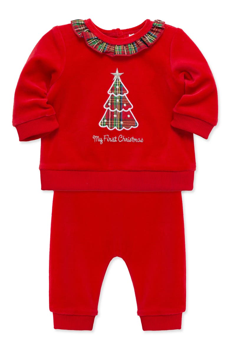Plaid Tree Velour Pant Set, Alternate, color, RED